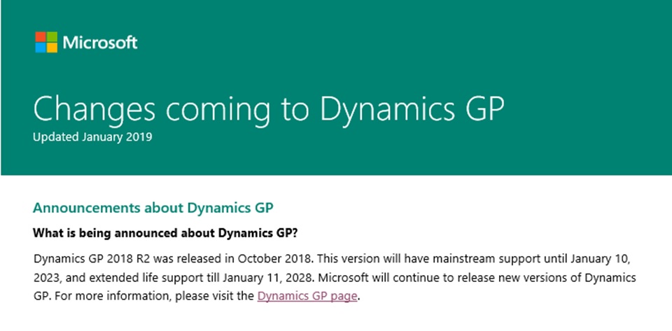 Changes coming to Dynamics GP  Updated January 2019